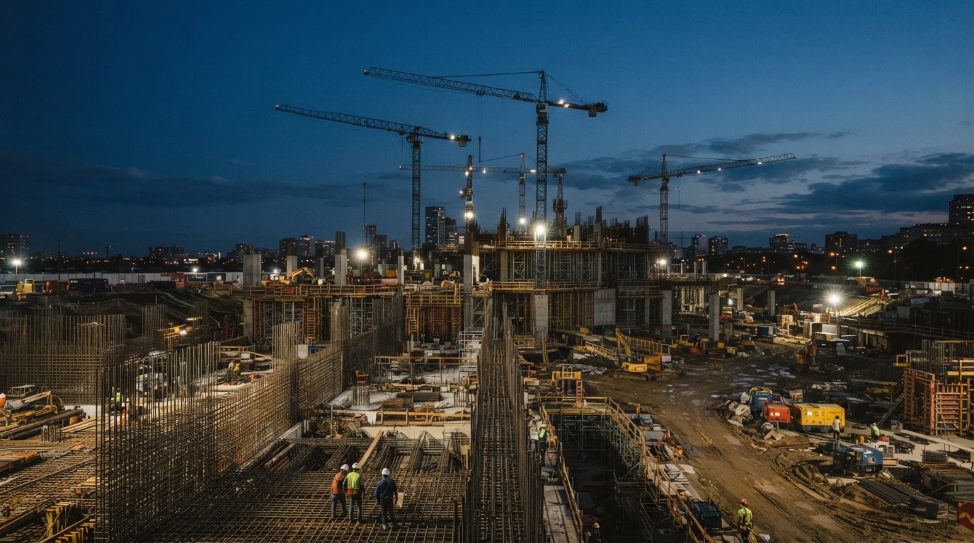 Large infrastructure construction site at dusk
