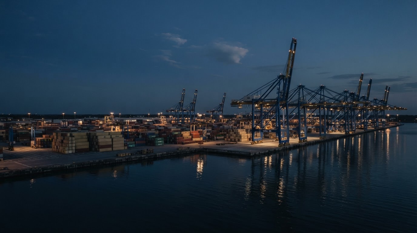 International container port at blue hour representing global trade