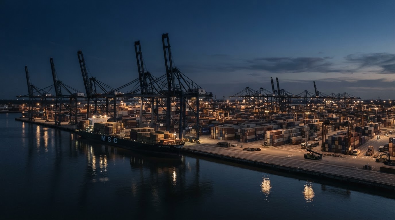 International container port at blue hour