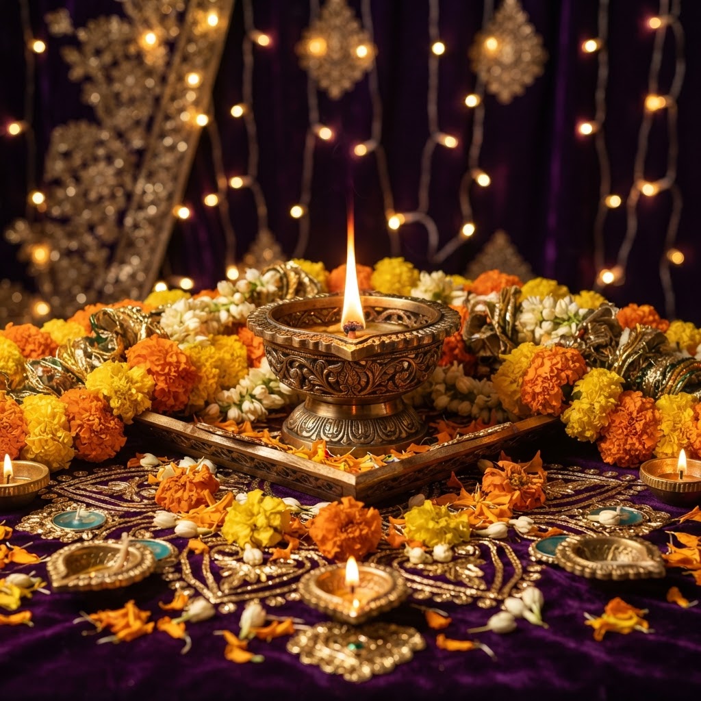 Diwali oil lamps with marigold flowers and rangoli