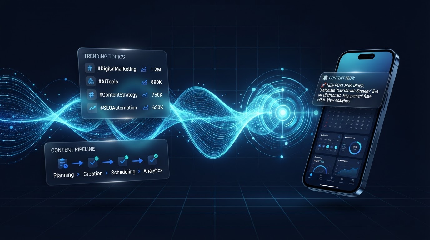 Content Autopilot OS AI content system dashboard with trending topics and scheduled posts