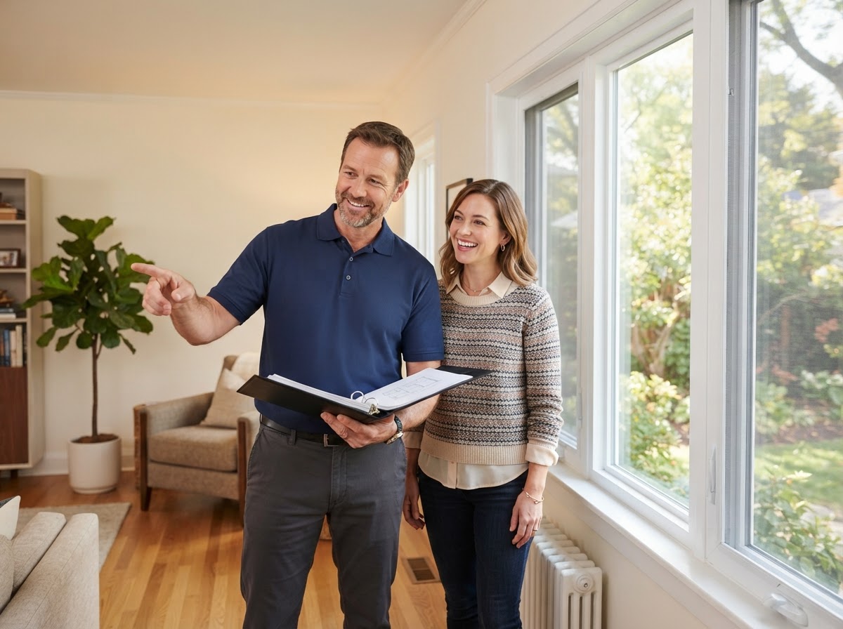 First Light contractor reviewing window options with a homeowner