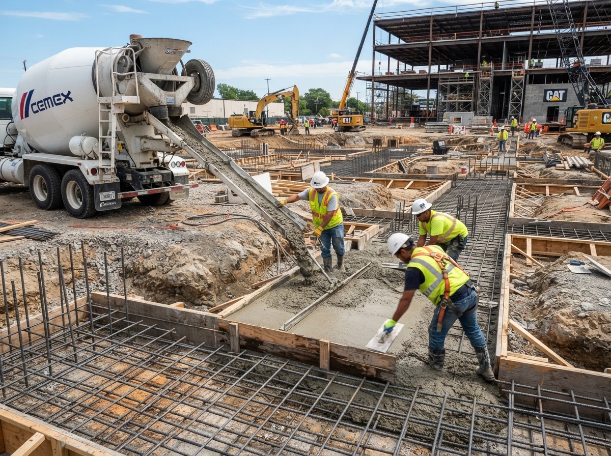 Commercial concrete foundation footings being poured with rebar grid