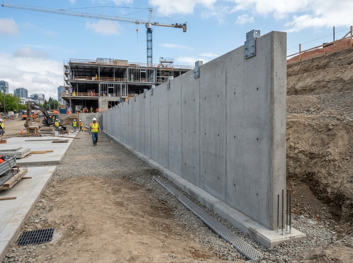 Newly poured cast-in-place structural concrete retaining wall on a commercial site