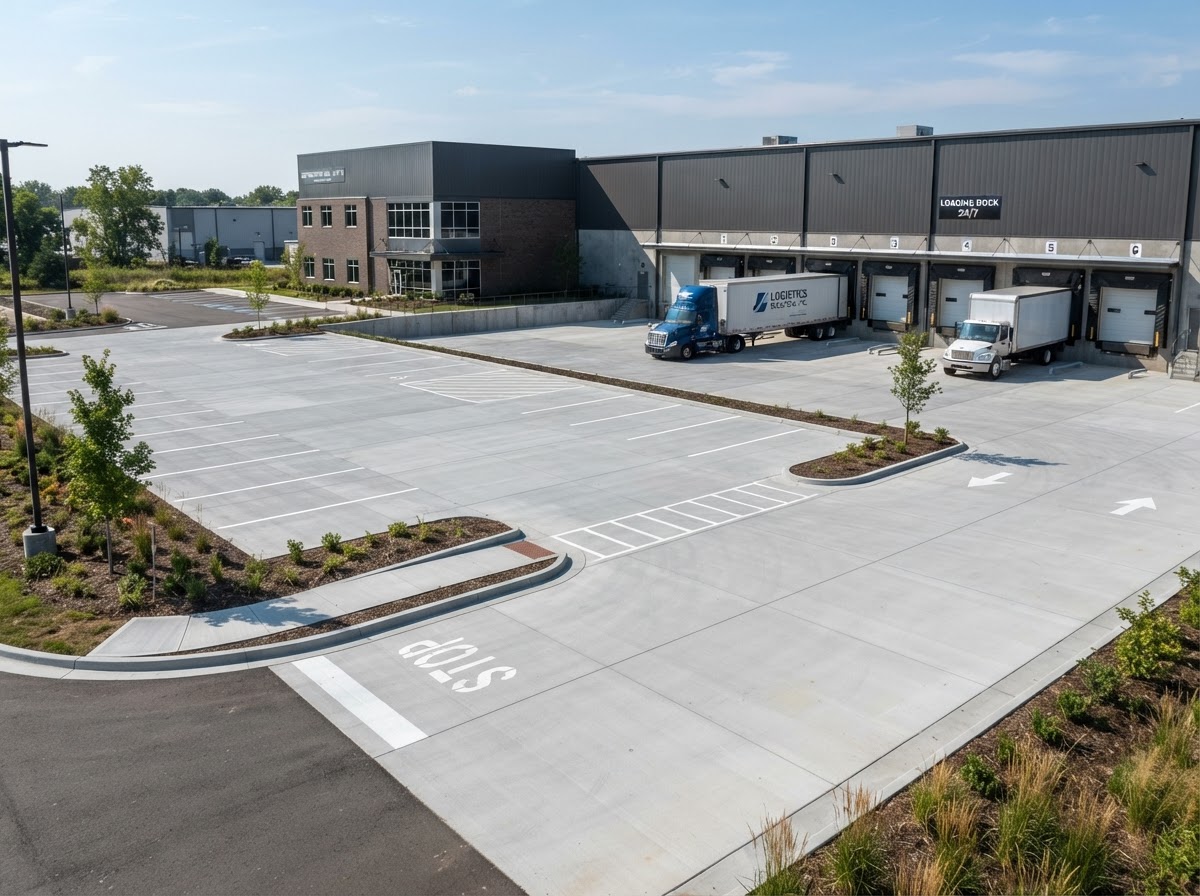 Commercial concrete parking lot paving with curbs and loading dock