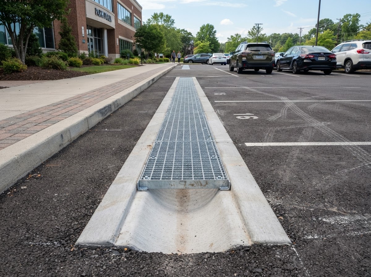 Concrete trickle channel drainage trench with metal grate in a parking lot