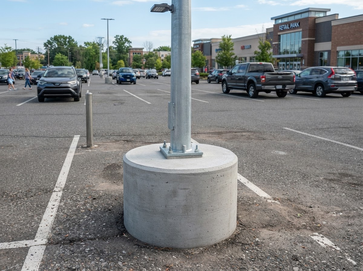 Concrete light pole base in a commercial parking lot