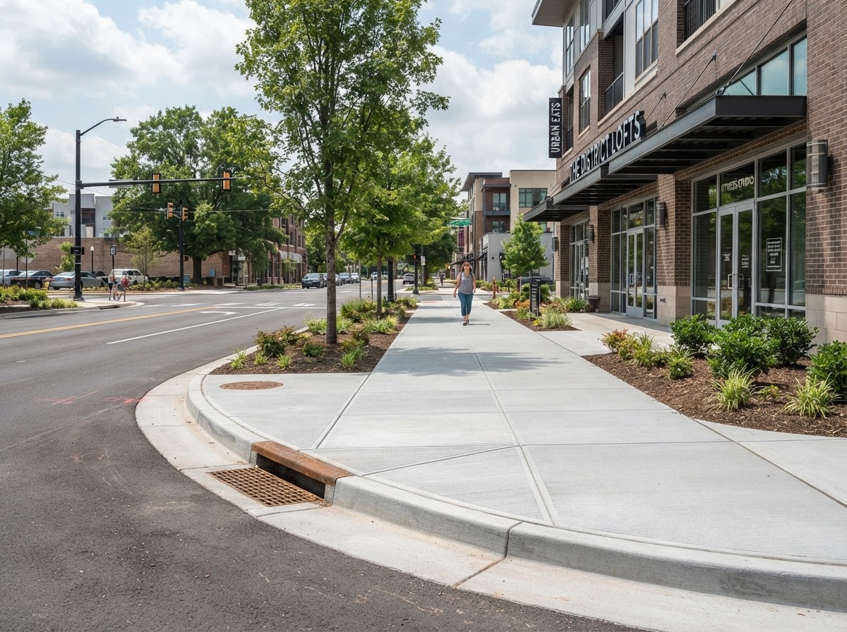 Concrete sidewalk with curb and gutter