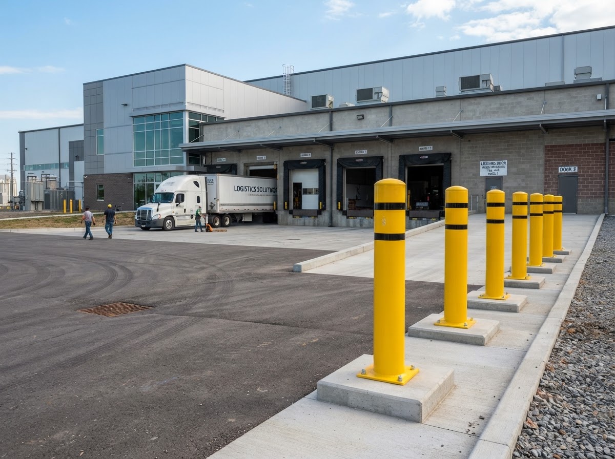 Concrete bollard posts protecting a commercial loading dock