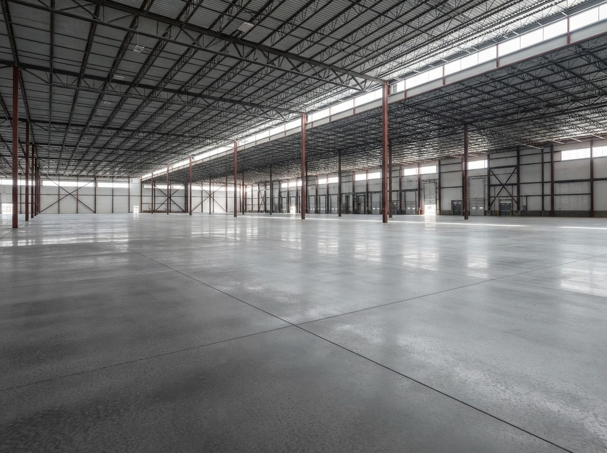 Large smooth industrial warehouse concrete floor slab power-troweled flat