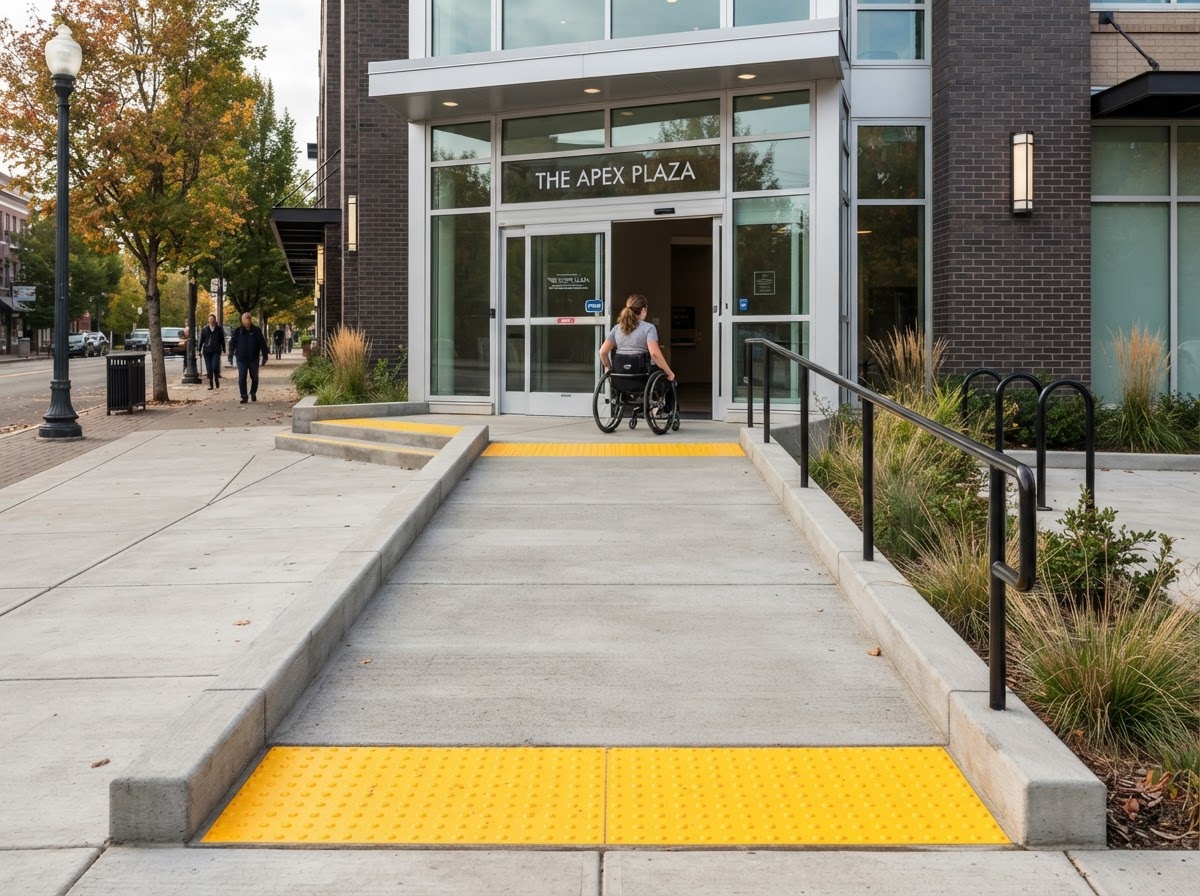 Concrete ADA wheelchair ramp with yellow tactile warning strips