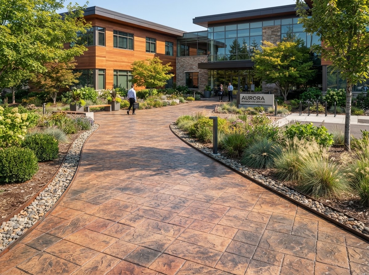 Stamped colored decorative concrete walkway with textured pattern