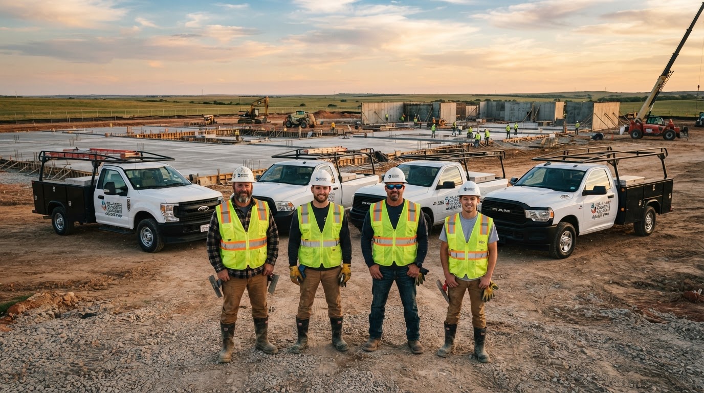 InsideOut Concrete crew standing in front of the company's white trucks on a commercial job site