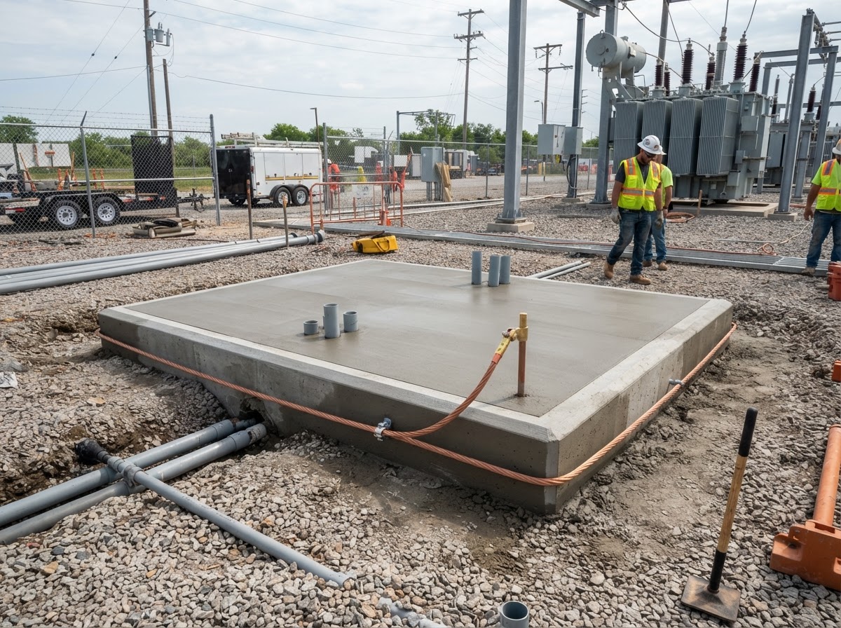 Concrete transformer pad freshly poured in a commercial electrical yard