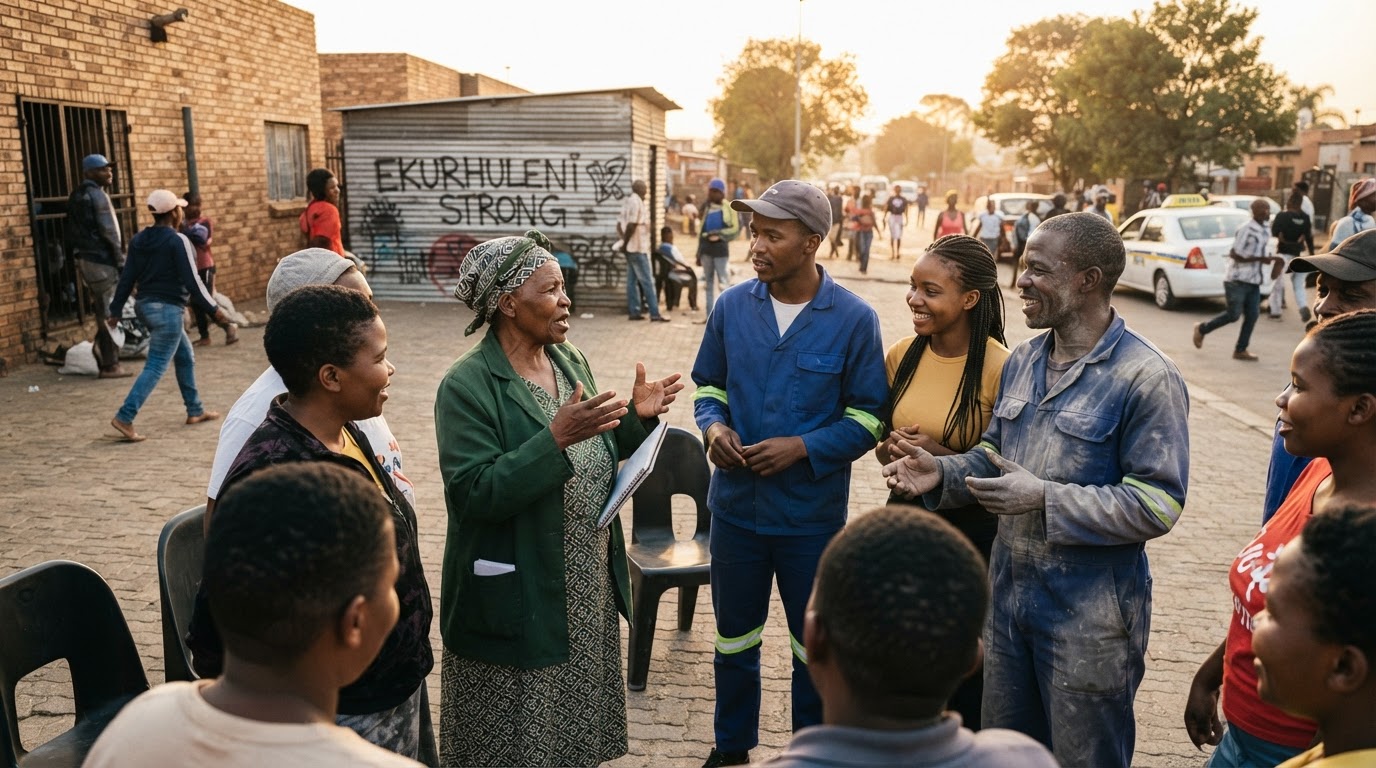 Community members engaged in civic discussion in South Africa