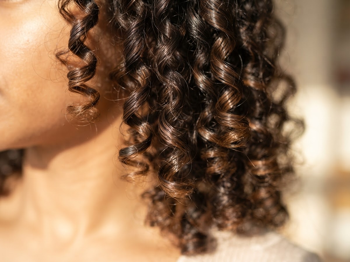 Close-up of hydrated defined curl texture