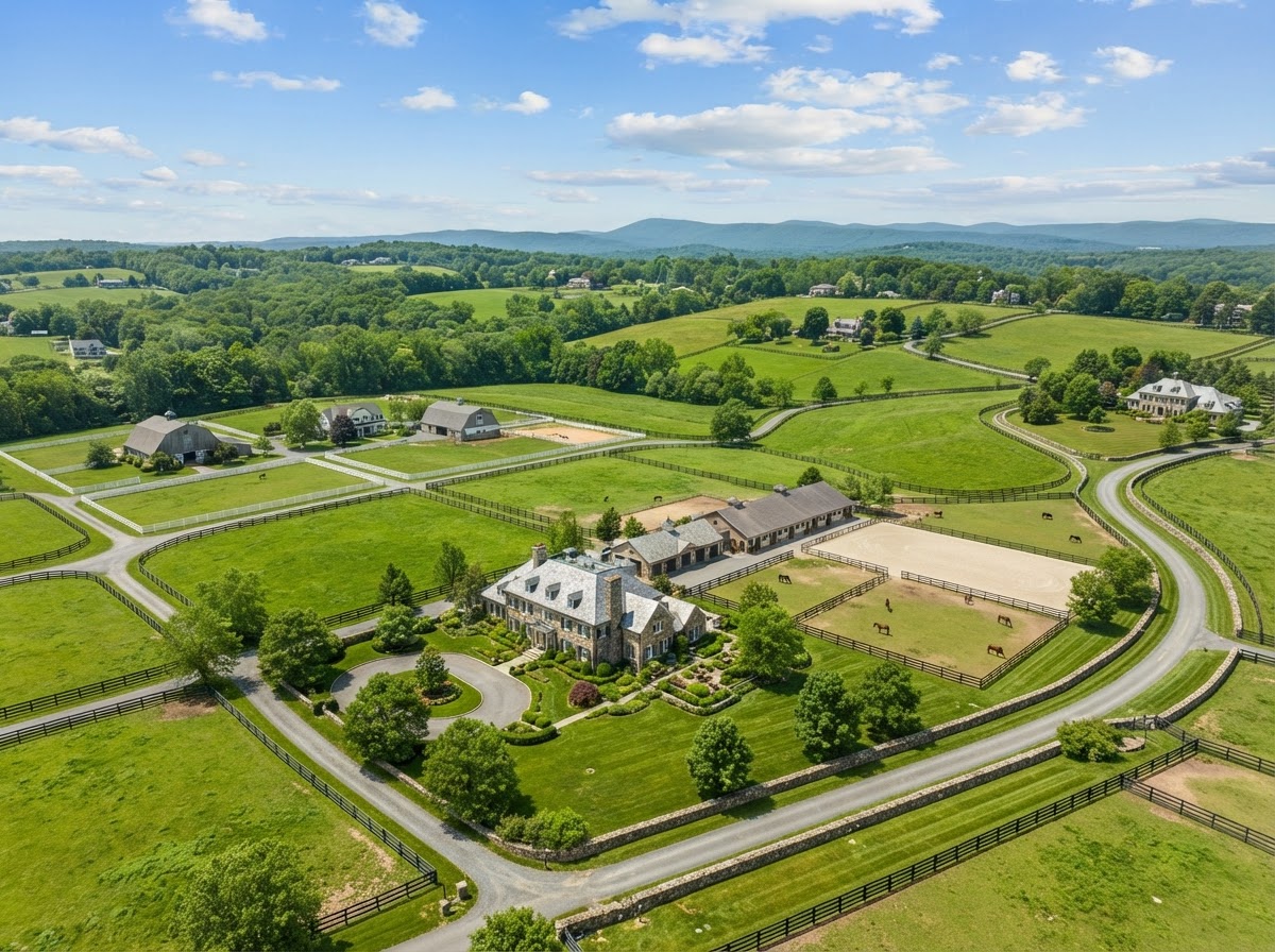 Bedminster, Somerset County, NJ neighborhood — Equestrian and farm country in the Somerset Hills — rolling fields, ho