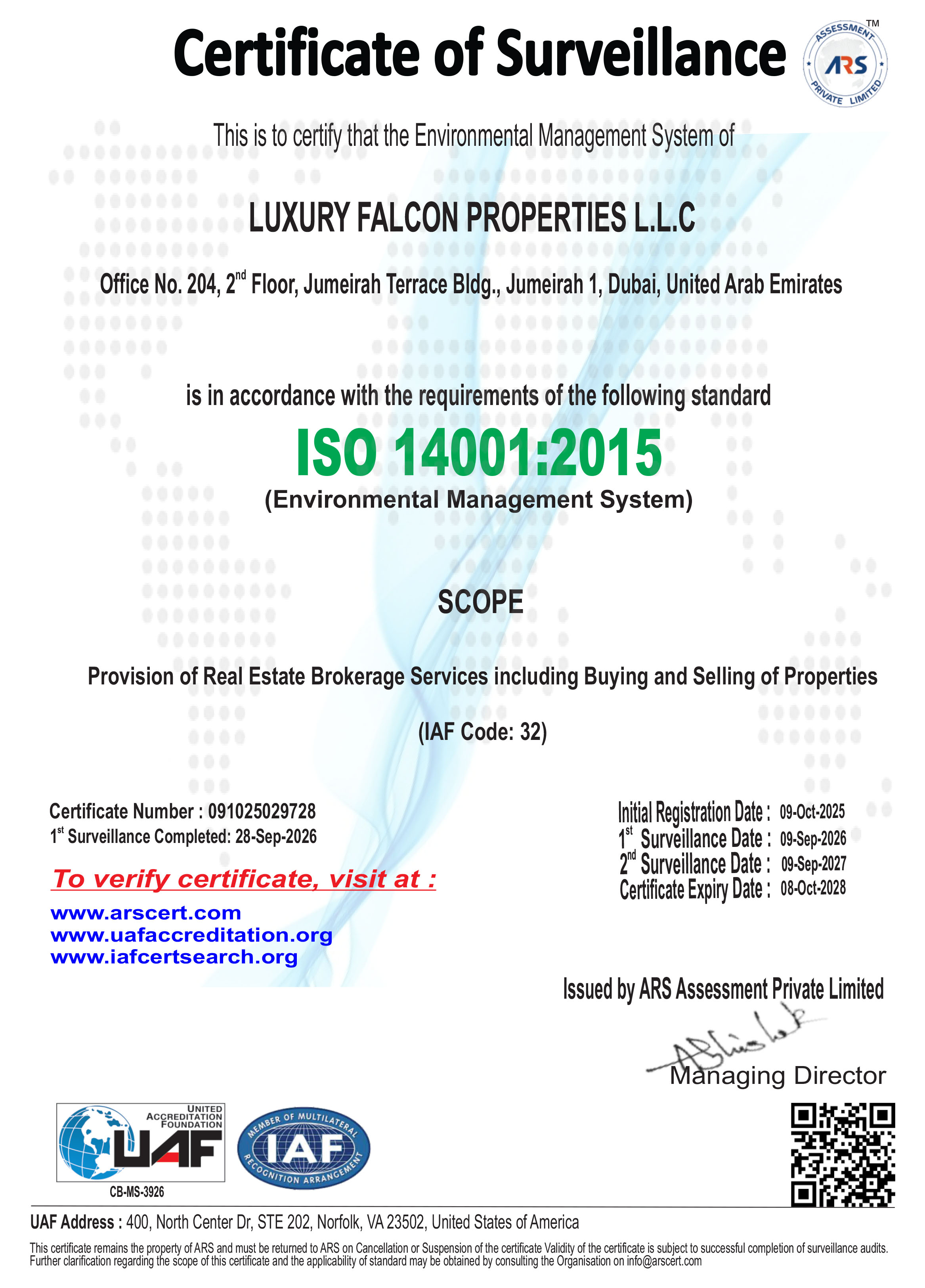 ISO 14001:2015 Certificate of Surveillance for Luxury Falcon Properties L.L.C
