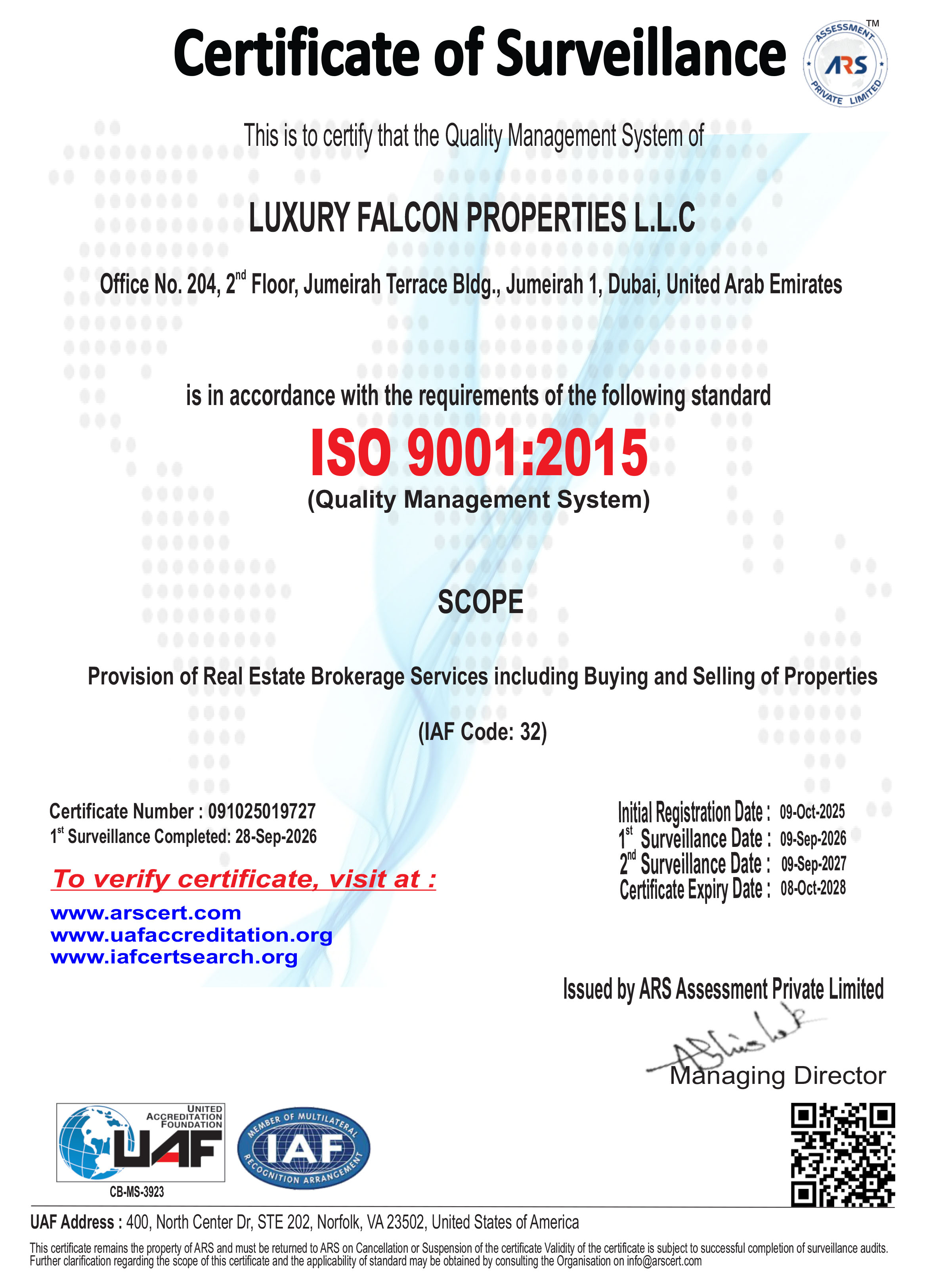 ISO 9001:2015 Certificate of Surveillance for Luxury Falcon Properties L.L.C