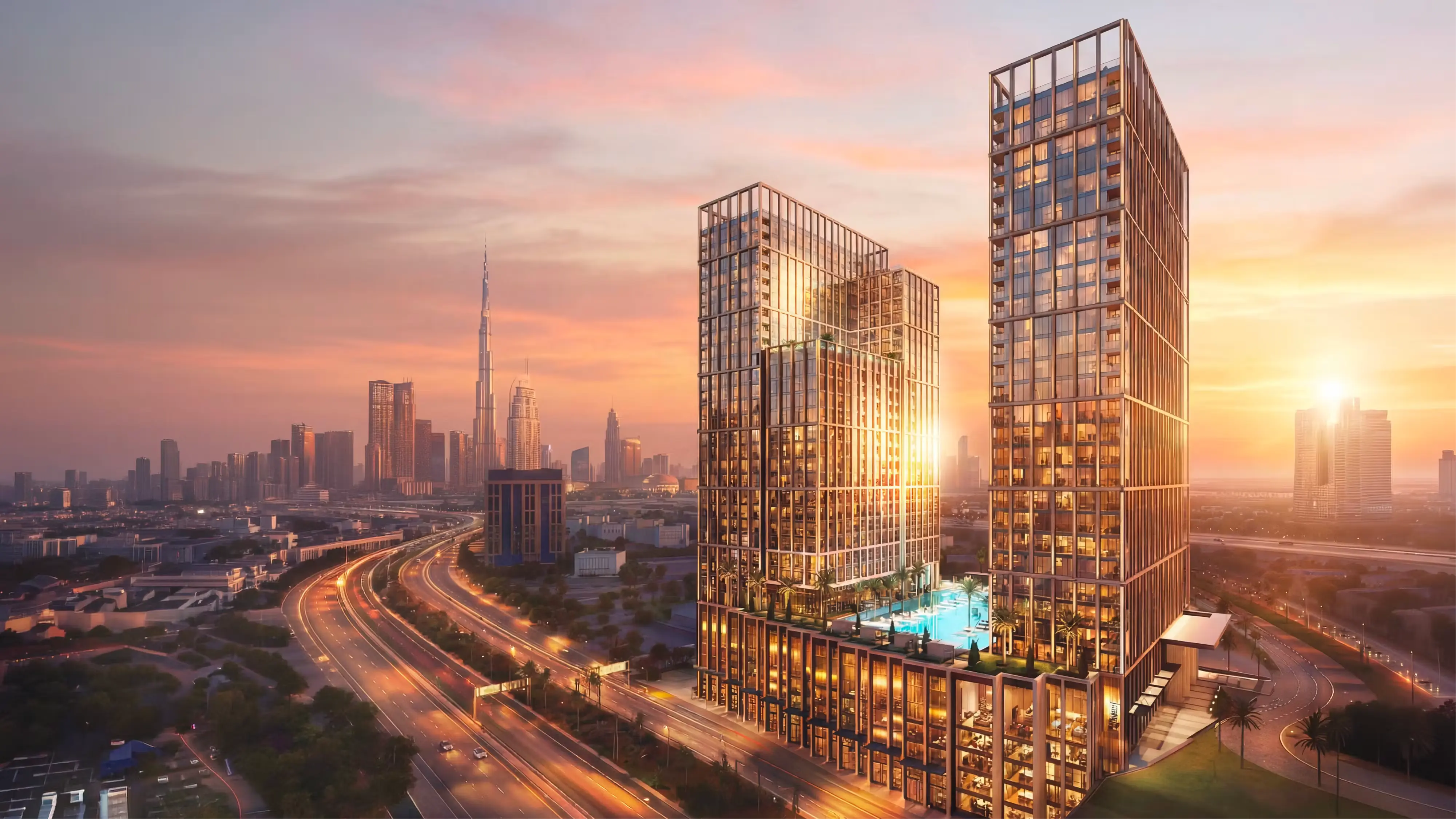 Iconic Dubai luxury architectural towers overlooking the Burj Khalifa skyline at sunset