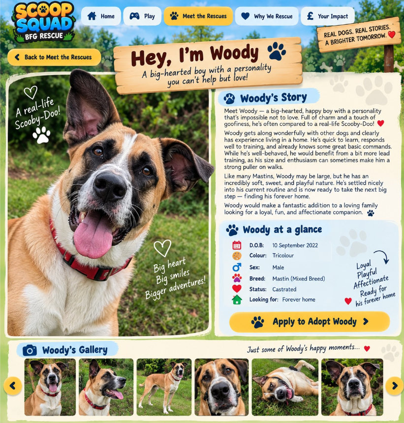 Scoop Squad game — character select screen with the BFG rescue dogs