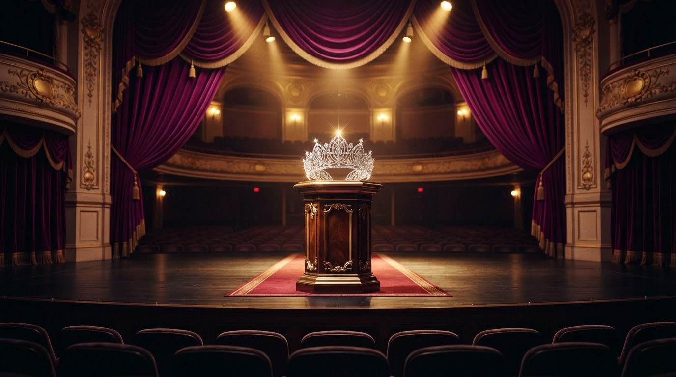 Pageant stage with golden spotlights and velvet curtains