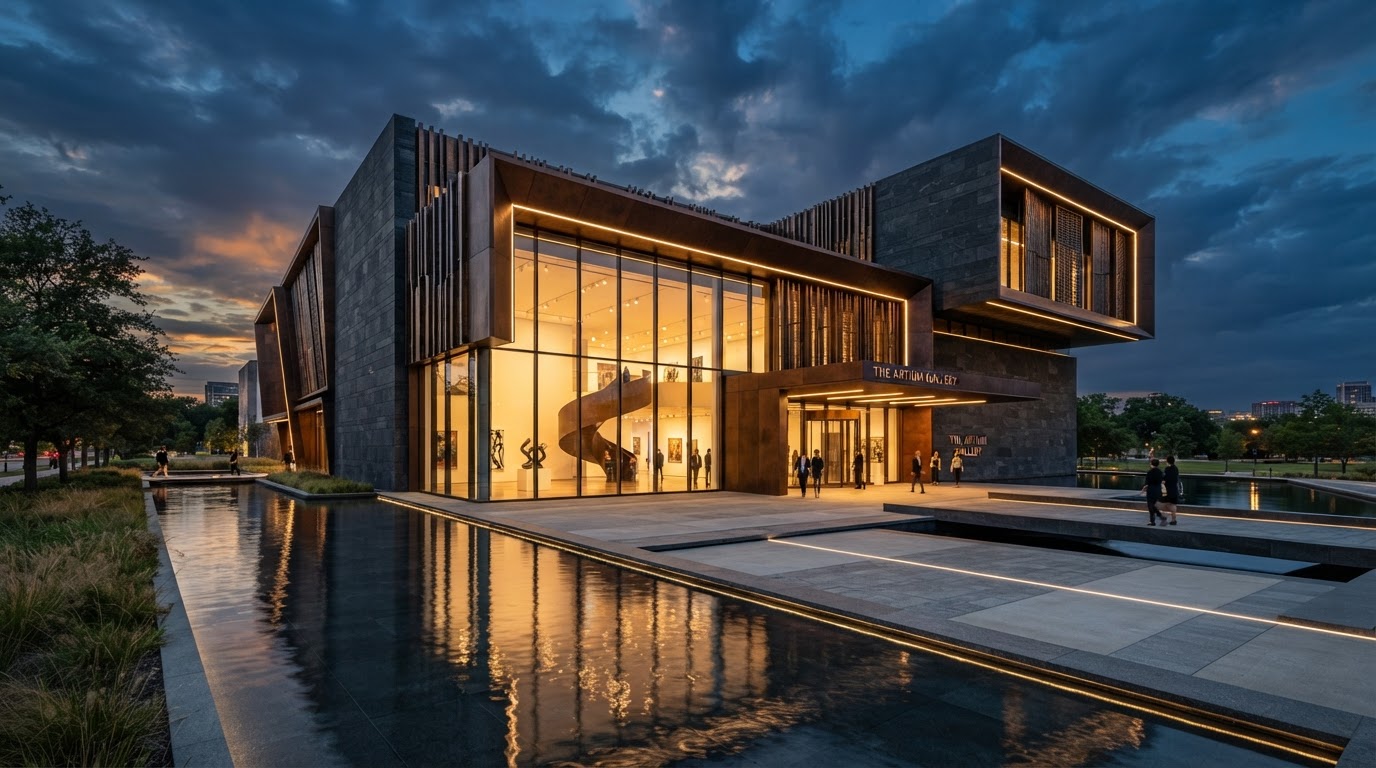 The facade of a contemporary art gallery by Perception Design Group at dusk