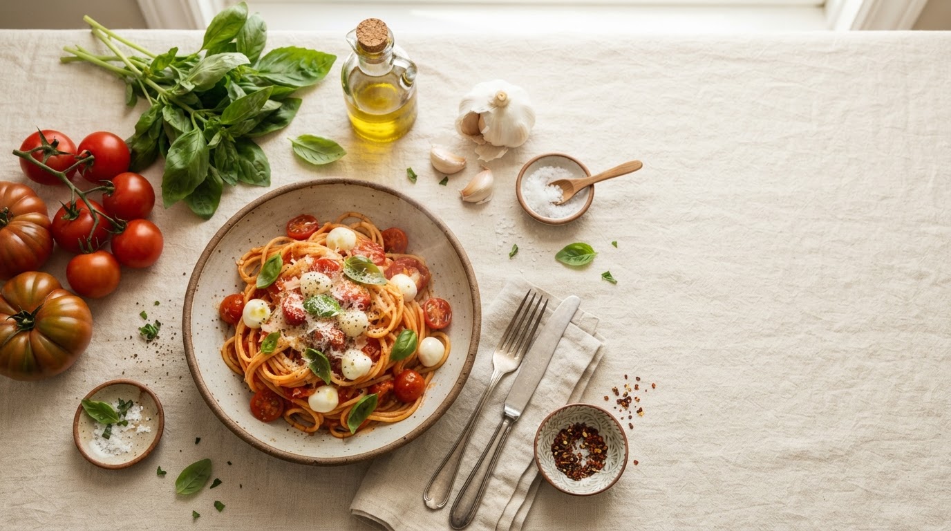Fresh ingredients and a finished dish arranged on a cream linen surface