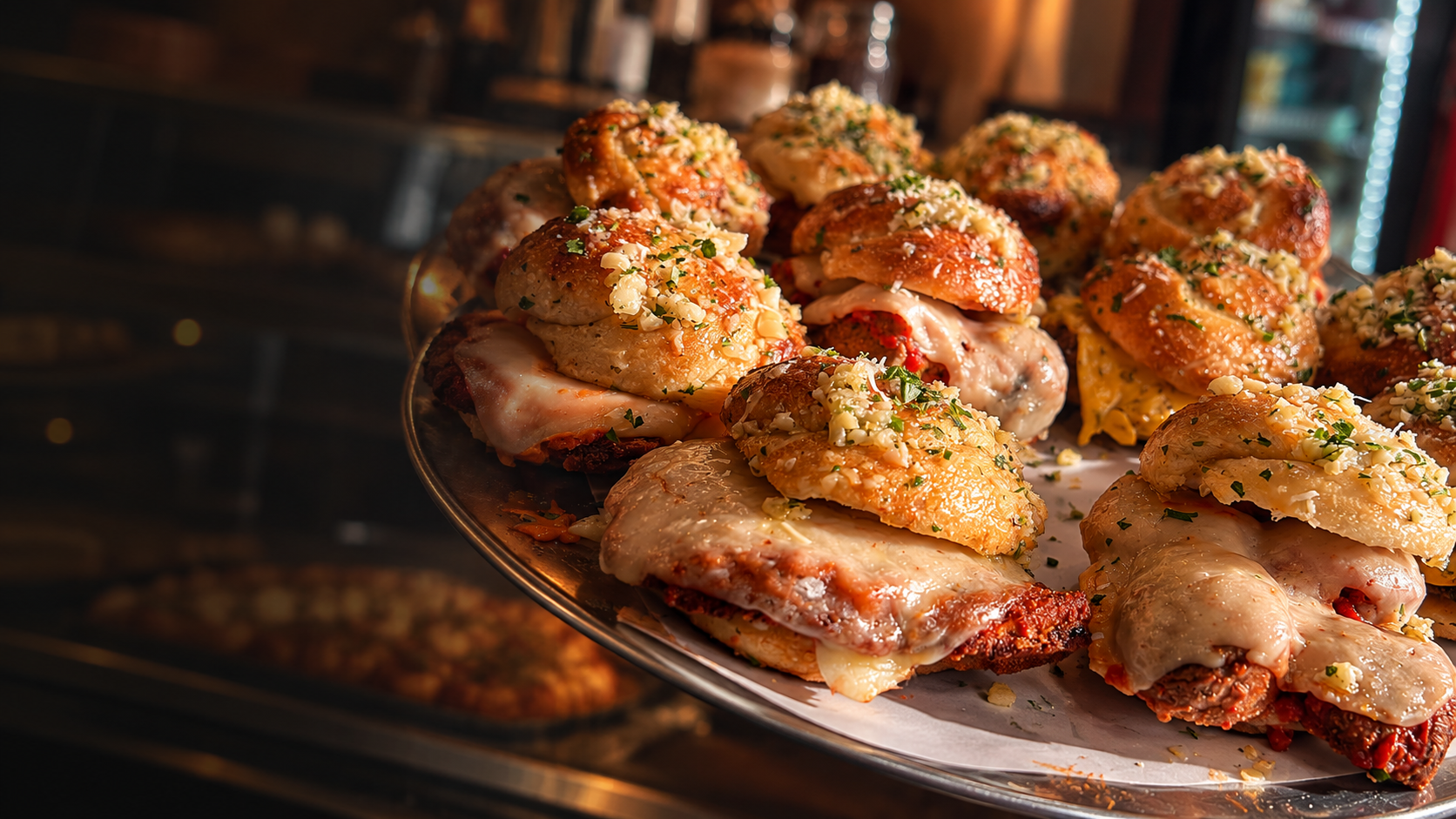 Pizza Boys hot garlic bread sliders on a platter