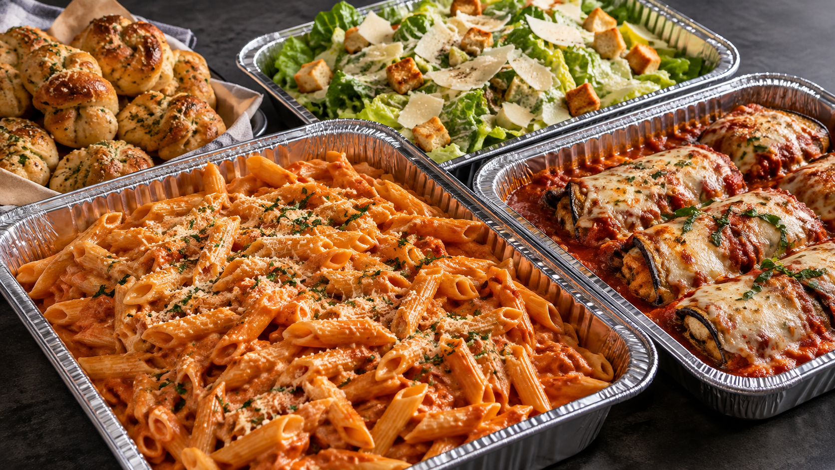 Trays of penne pasta, baked eggplant rollatini, Caesar salad and garlic knots from Pizza Boys catering