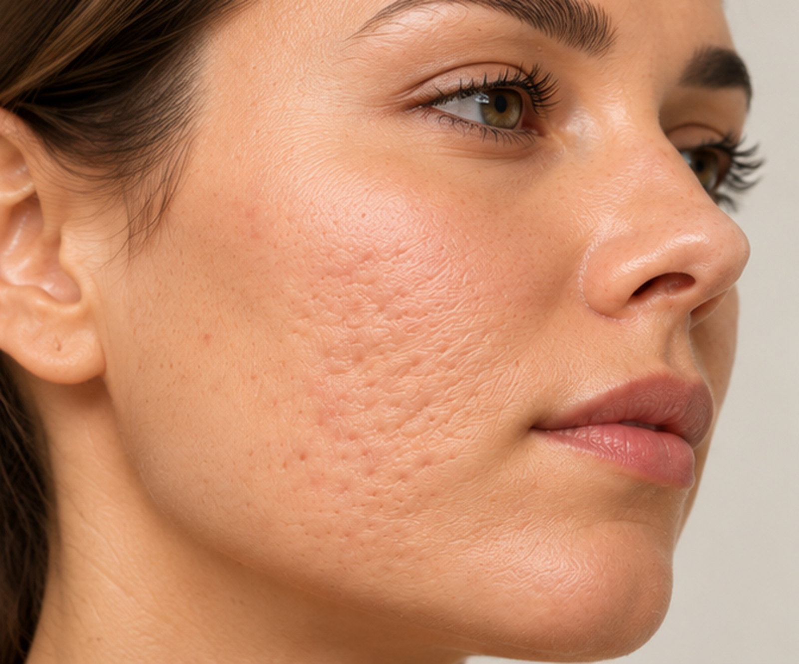 Close-up of woman's cheek showing facial acne scarring
