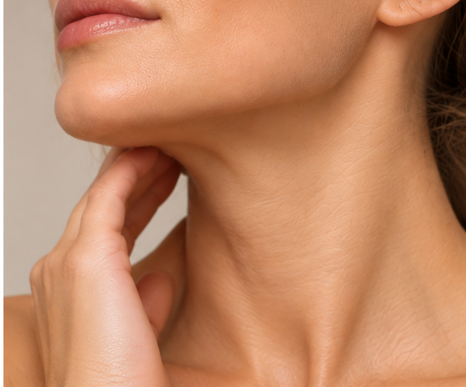 Gentle touch on neck and jawline showcasing skin texture