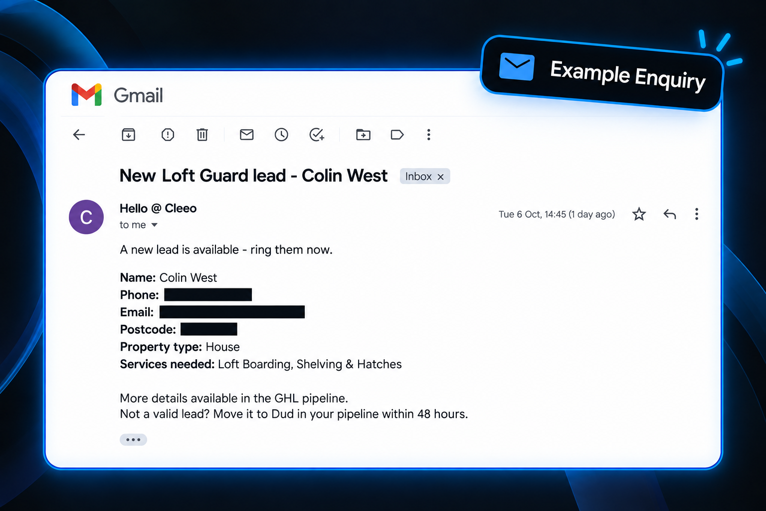 Example insulation lead enquiry email delivered instantly