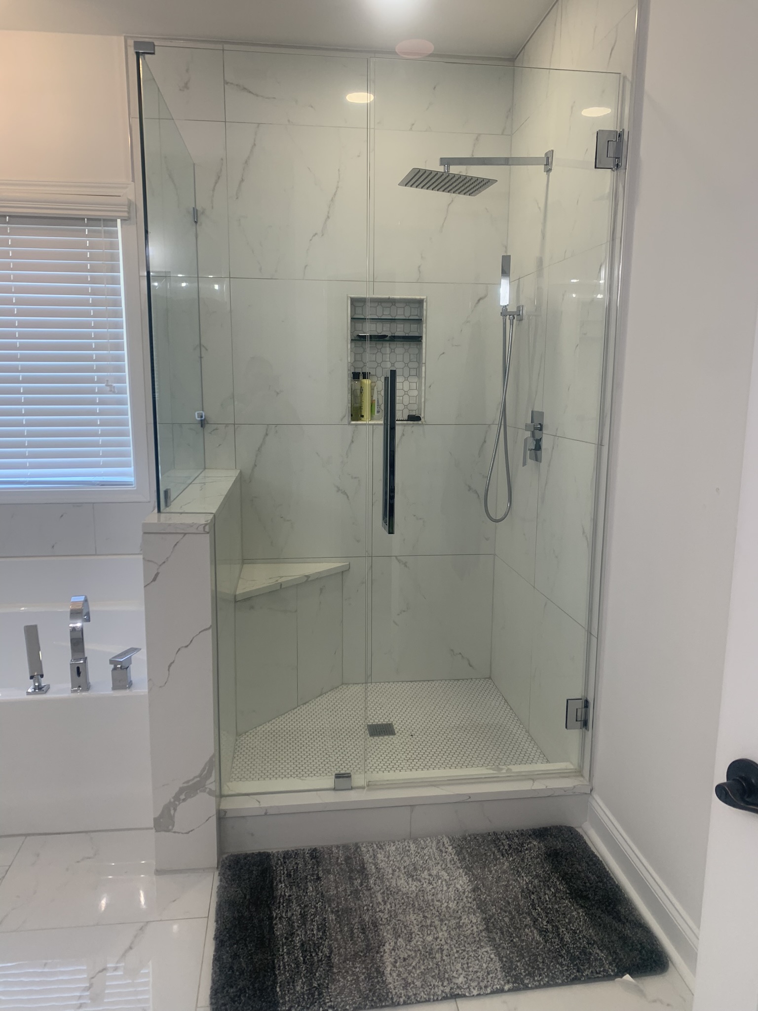 Walk-In Glass & Marble Shower with Built-In Bench