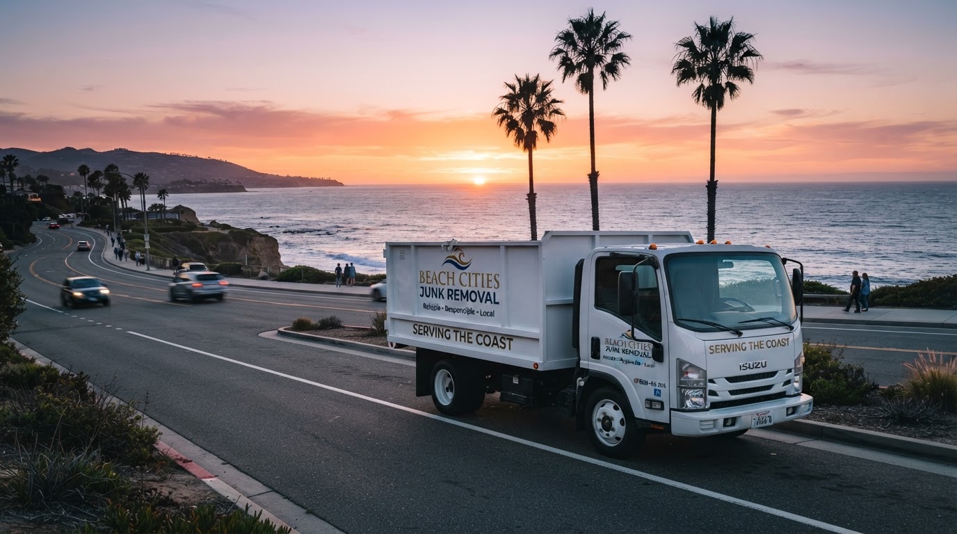 Your Junk Removal Co crew loading furniture into a box truck in a Southern California driveway