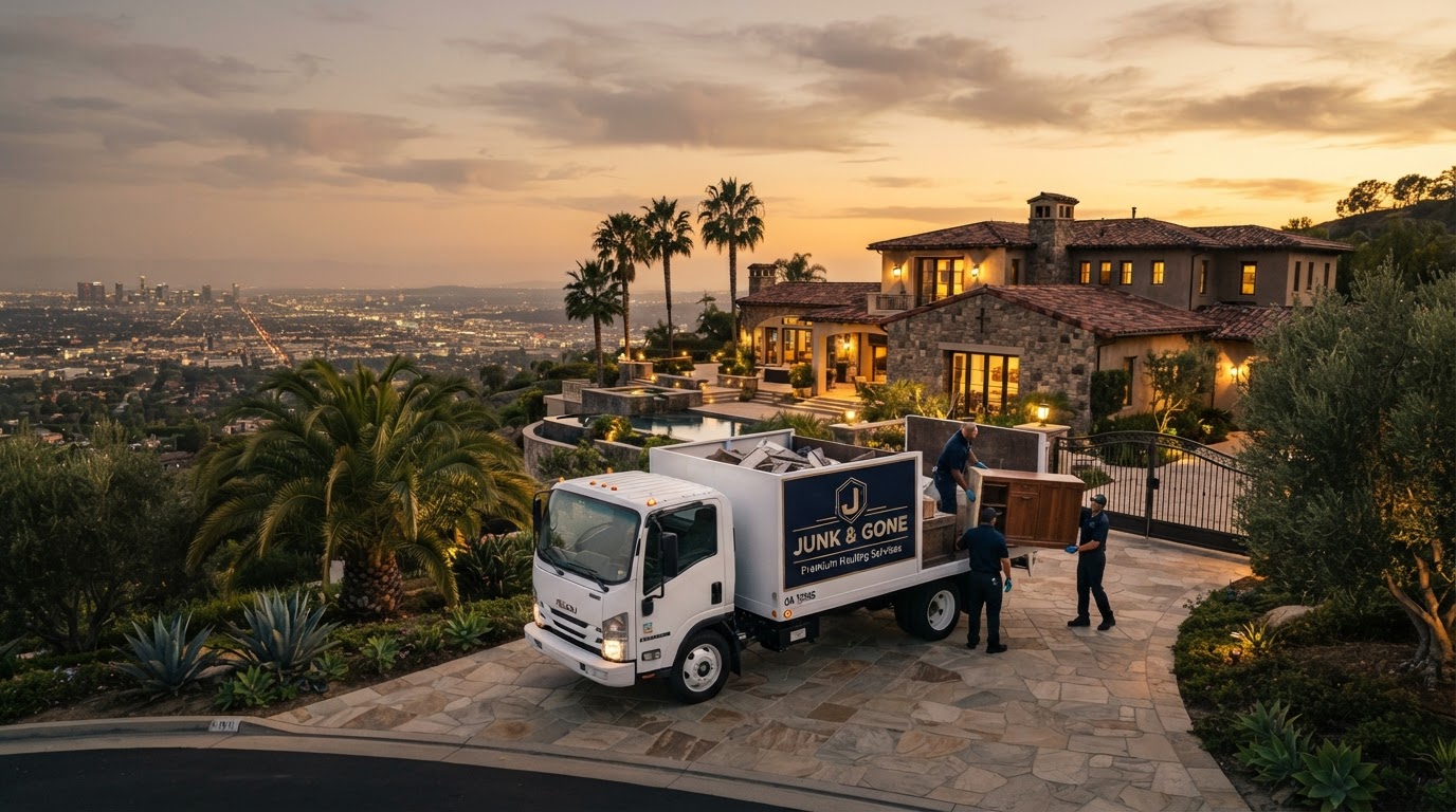 Your Junk Removal Co crew loading furniture into a box truck in a Southern California driveway