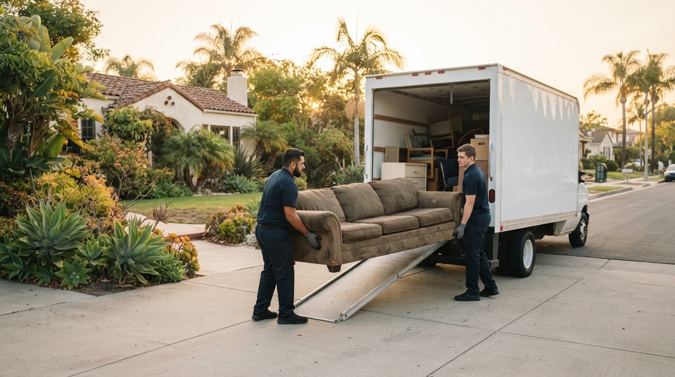 Your Junk Removal Co crew loading furniture into a box truck in a Southern California driveway
