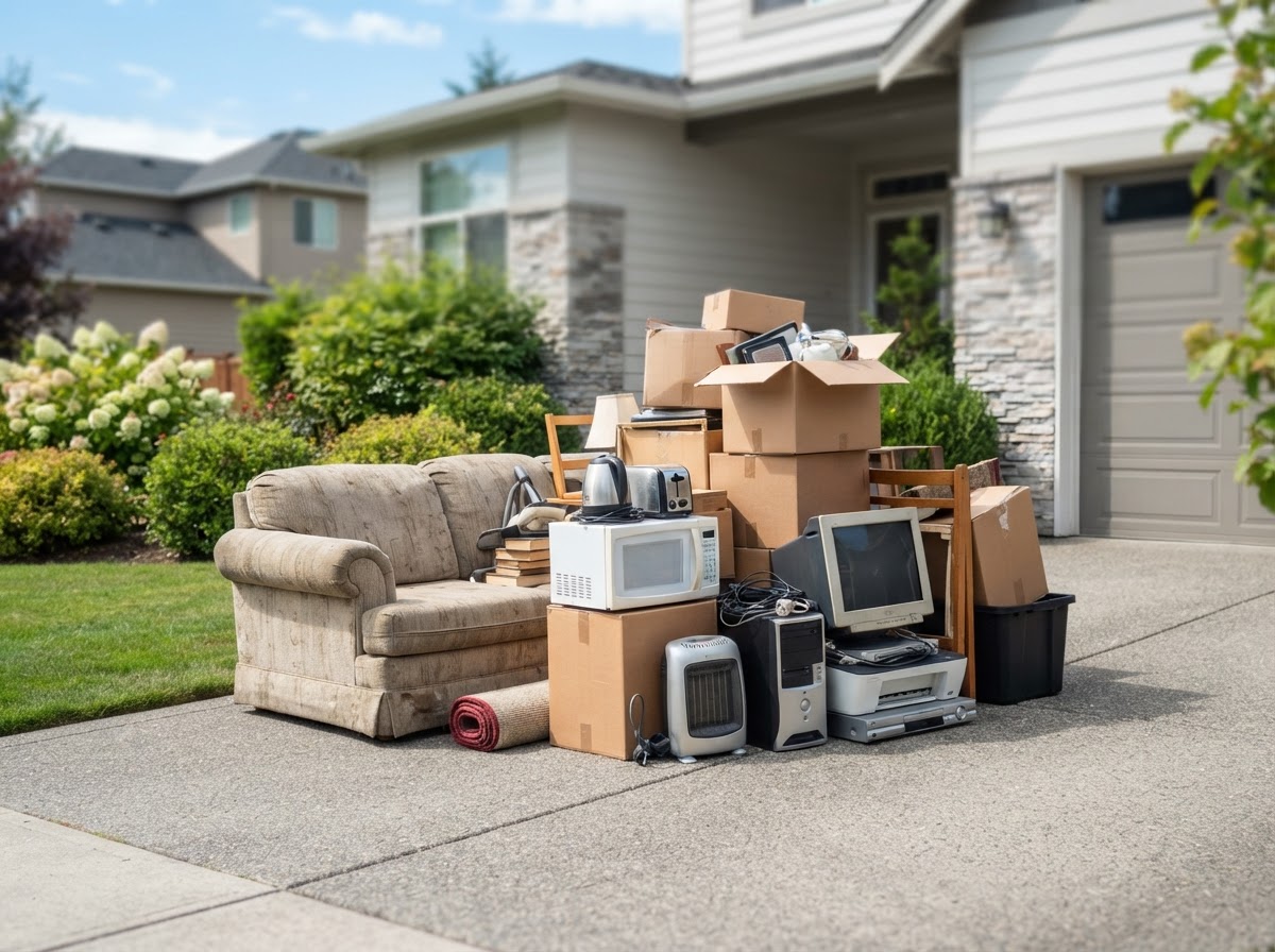 Pile of household junk ready for haul away in a driveway