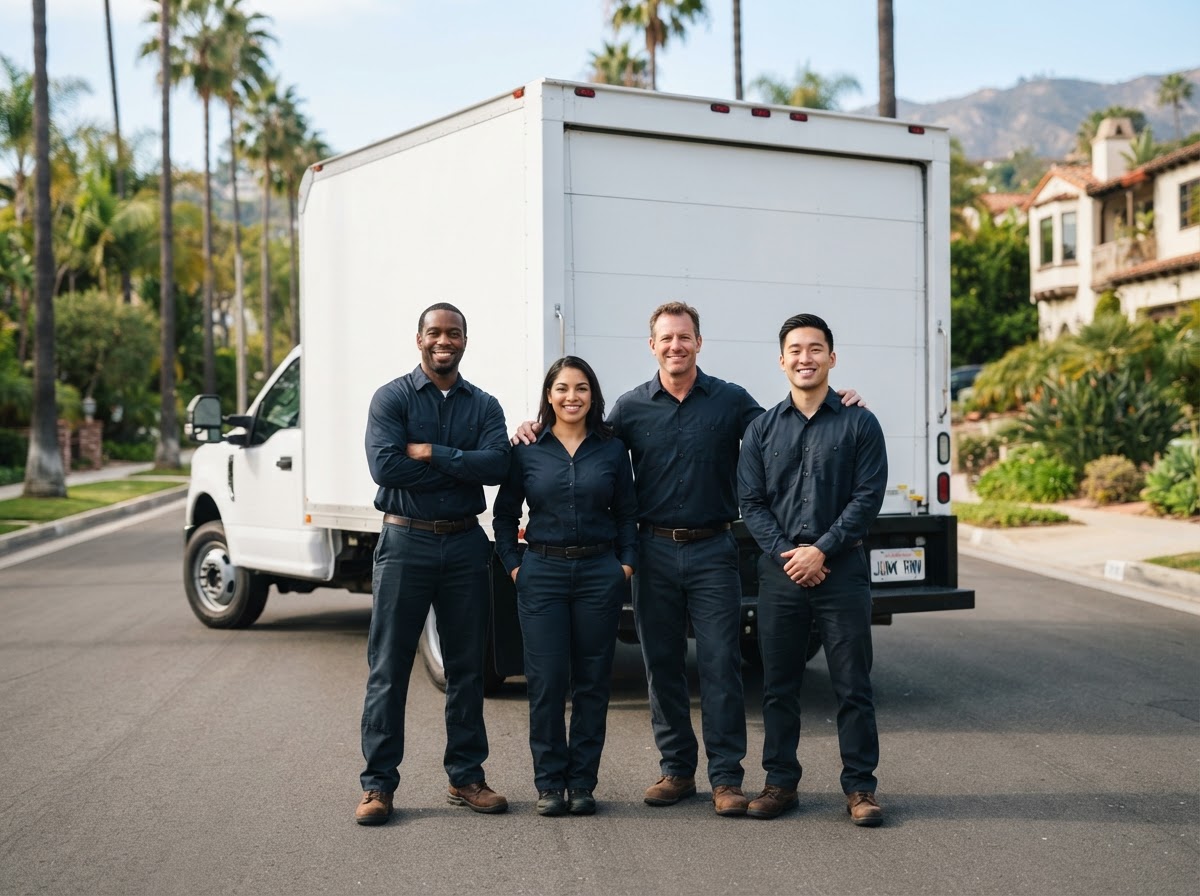 Friendly Your Junk Removal Co crew standing in front of their white box truck