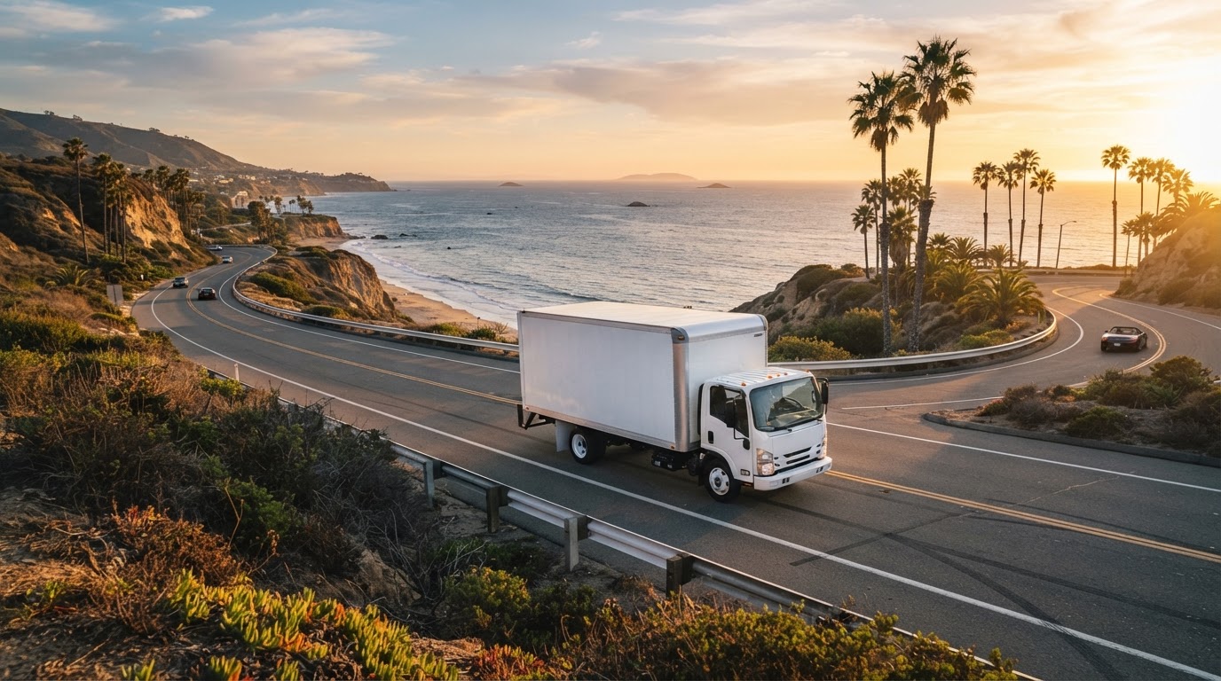 White junk removal truck driving on a sunny Southern California coastal road