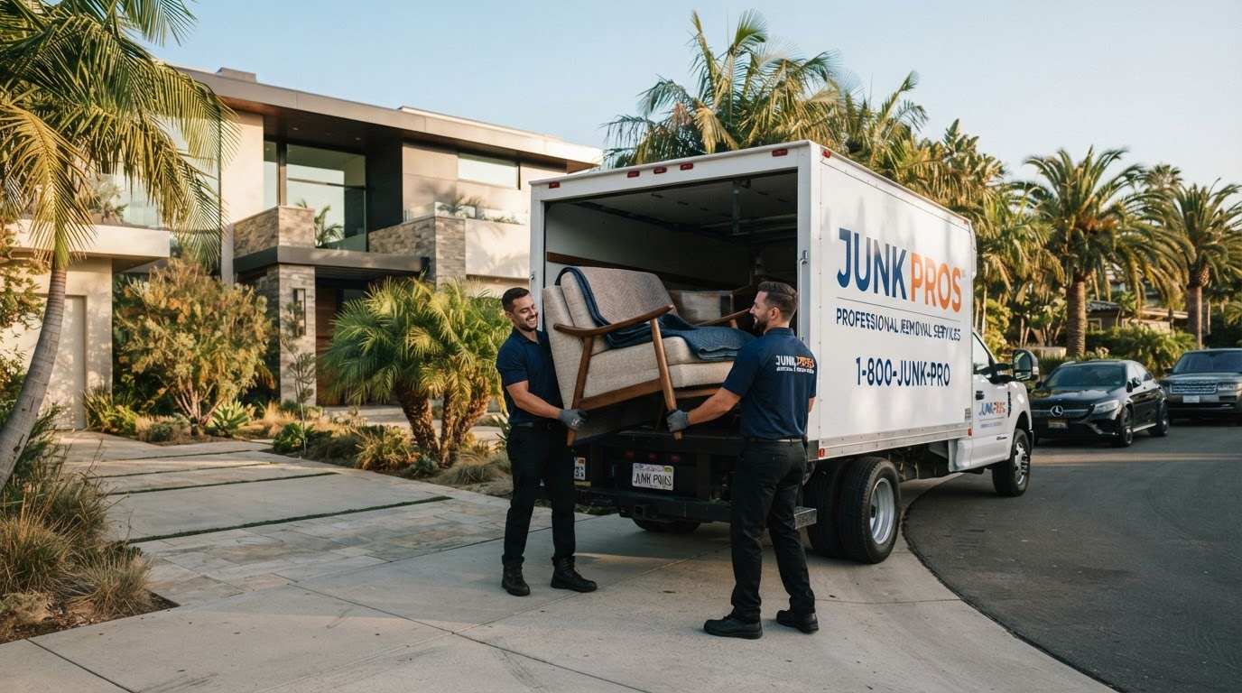 Your Junk Removal Co crew loading furniture into a box truck in a Southern California driveway