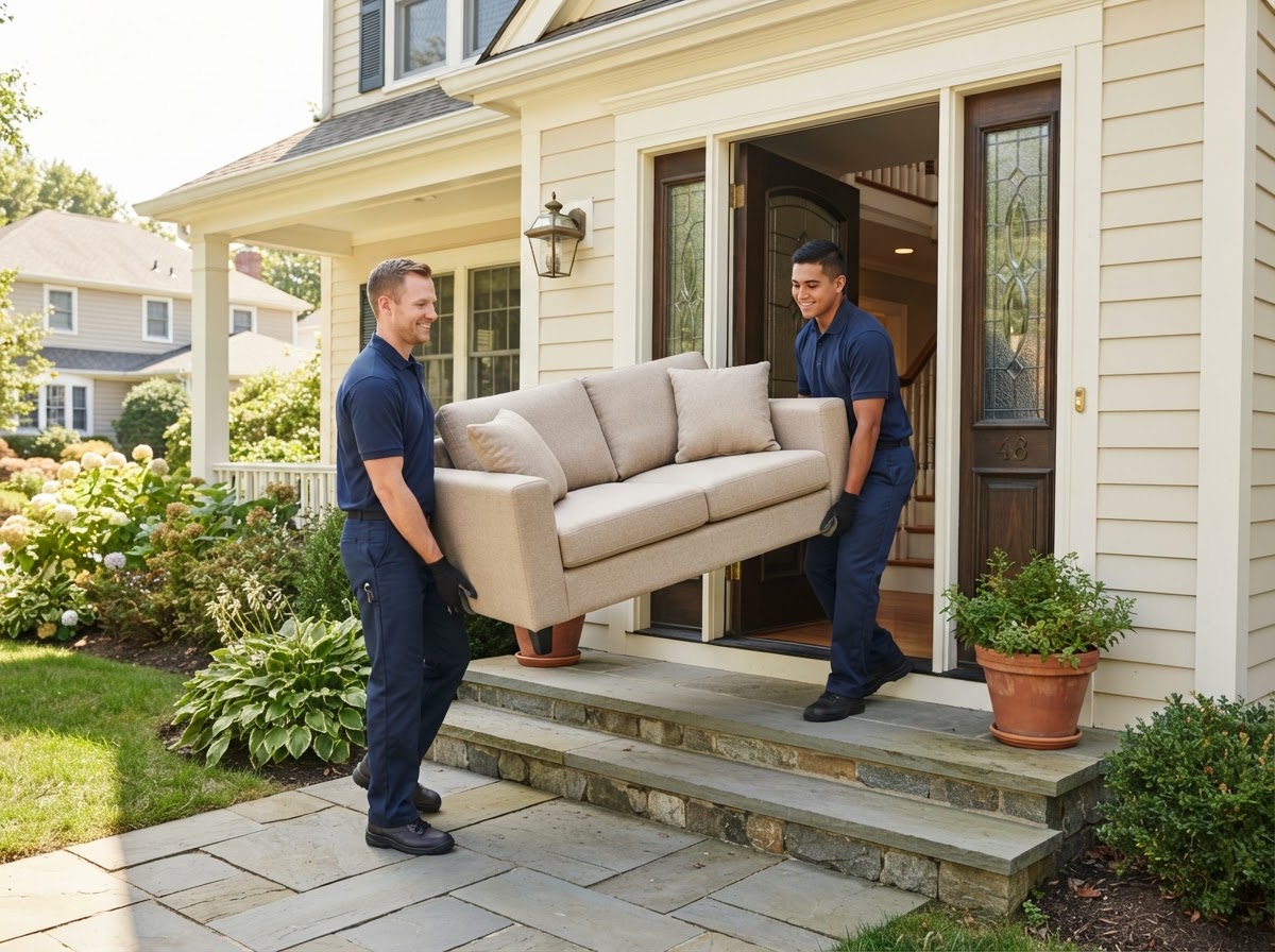 Two crew members carrying a sofa out of a house