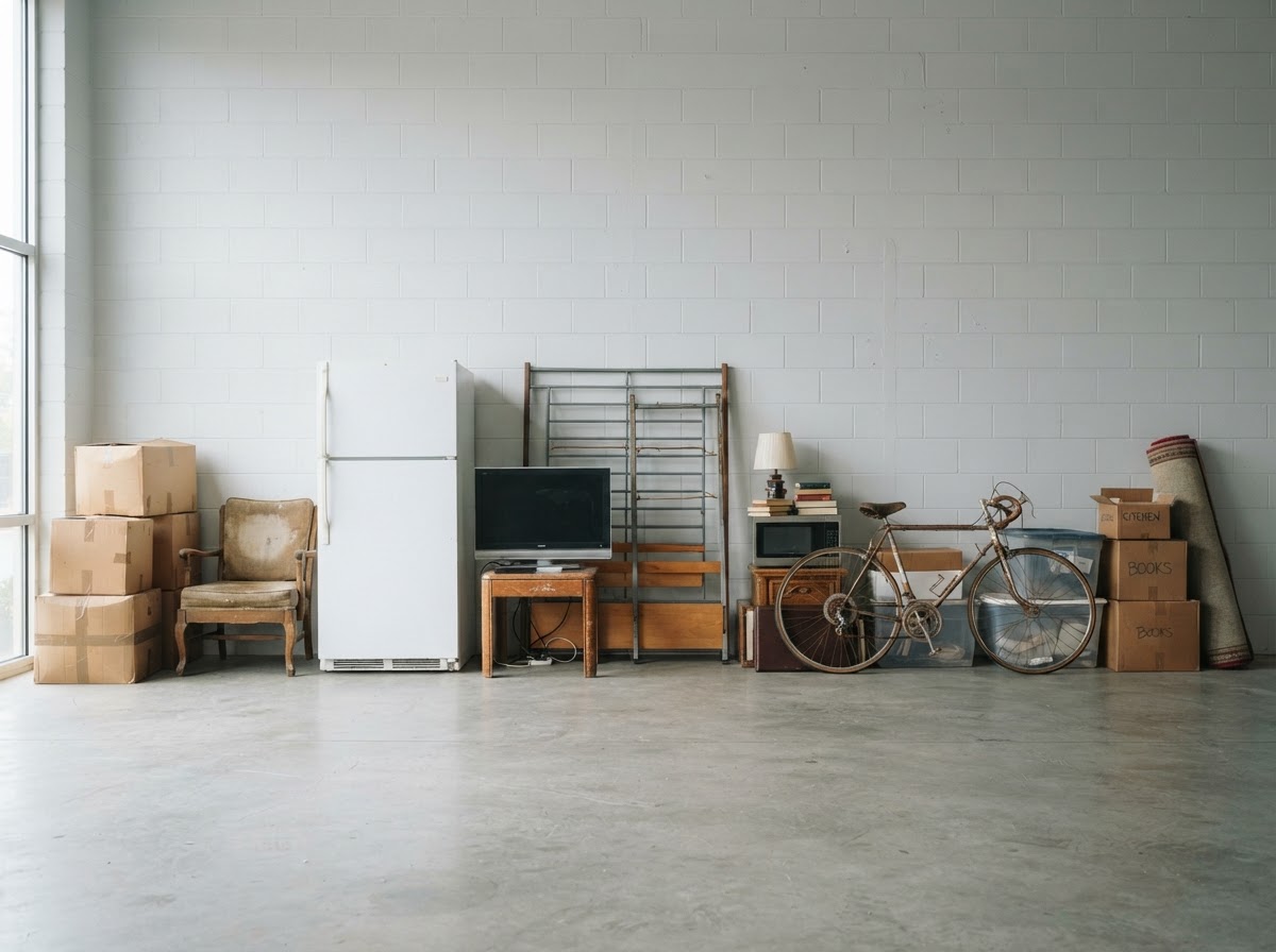 Assorted household junk — sofa, refrigerator, boxes and electronics — ready for removal