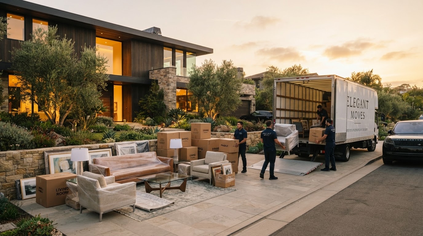 Your Junk Removal Co crew loading furniture into a box truck in a Southern California driveway