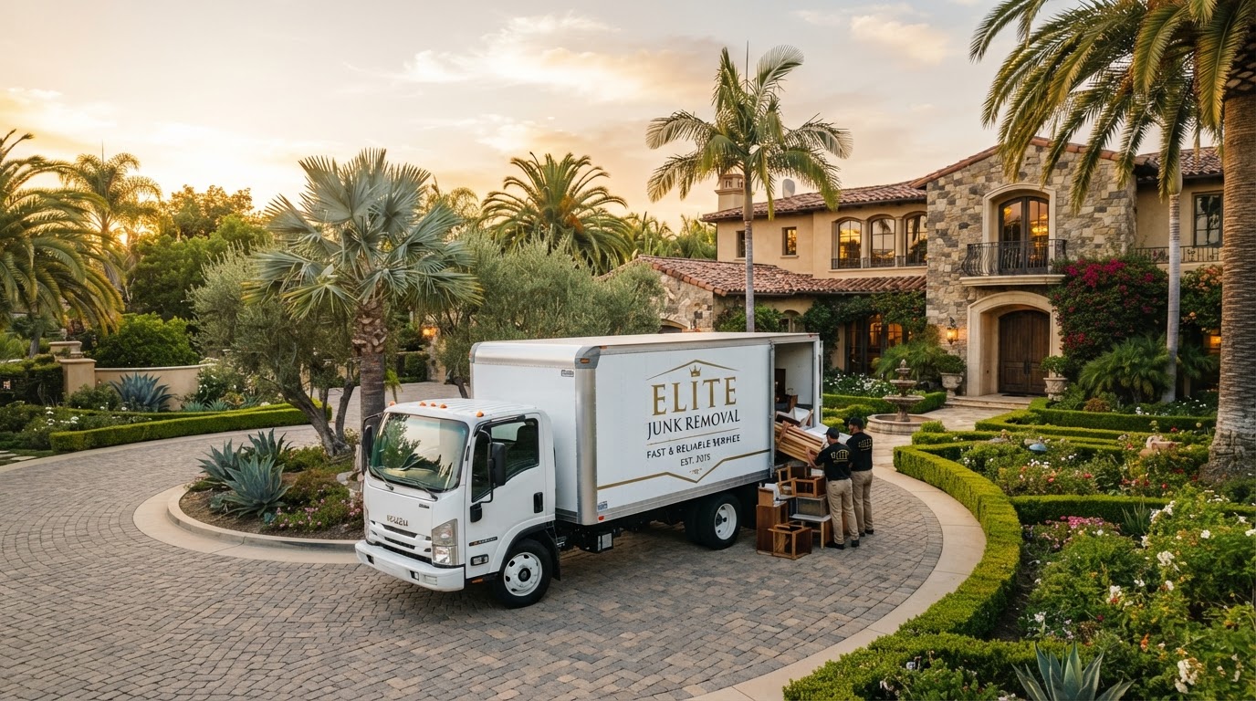 Your Junk Removal Co crew loading furniture into a box truck in a Southern California driveway