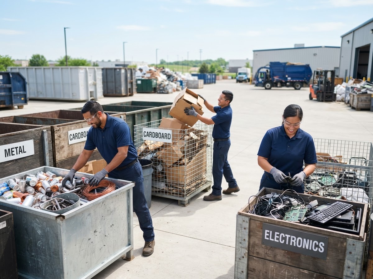Crew sorting and recycling metal and cardboard at a recycling yard