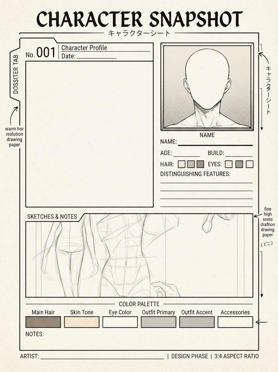 Proposed preview of the Character Snapshot worksheet with labeled fields and a palette strip