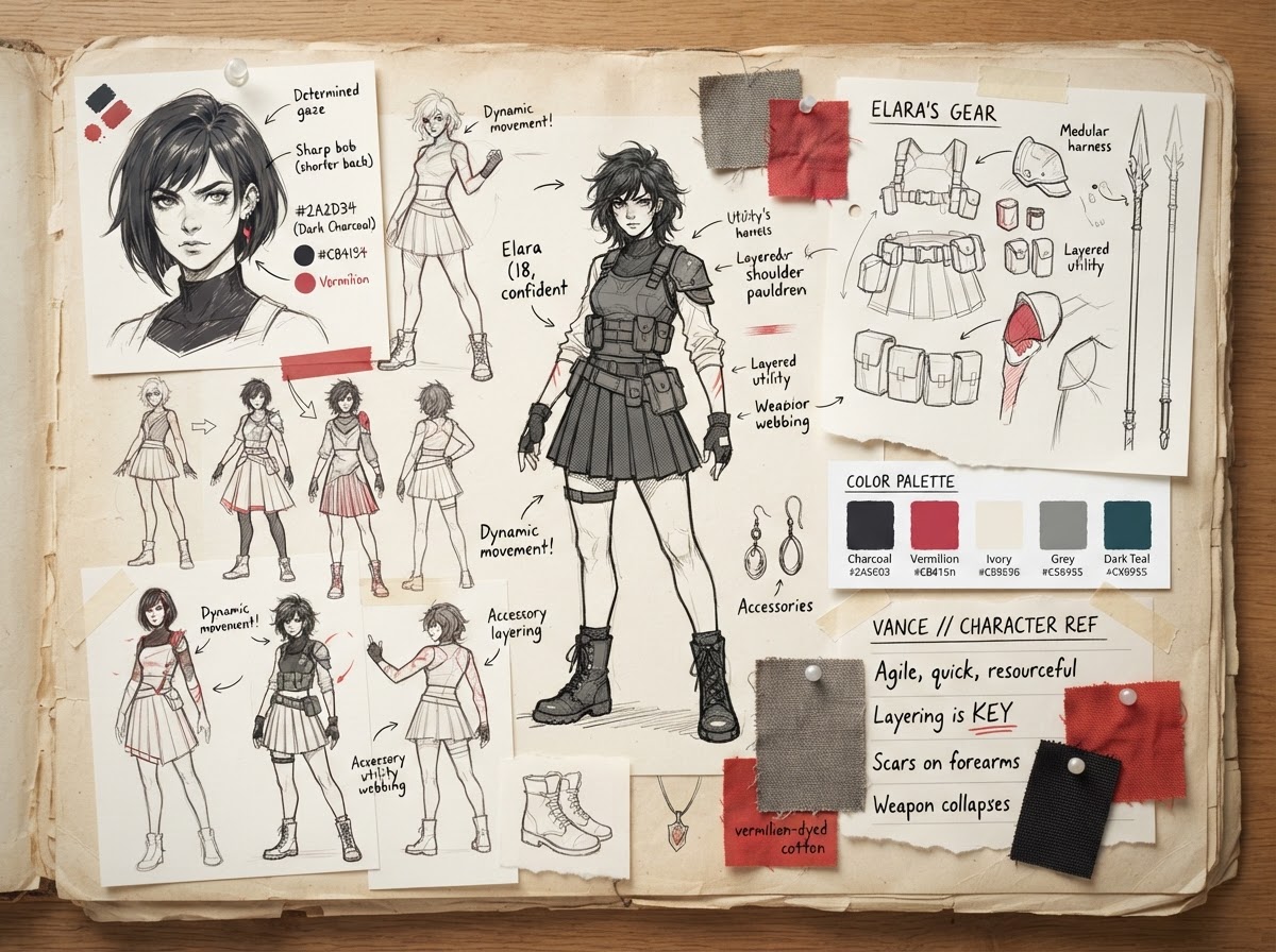 A scattered character reference board of loose outfit sketches, fabric swatches, and color notes