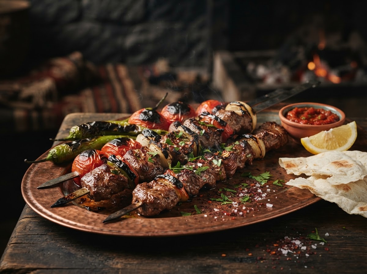 Grilled Turkish shish kebab skewers with charred vegetables