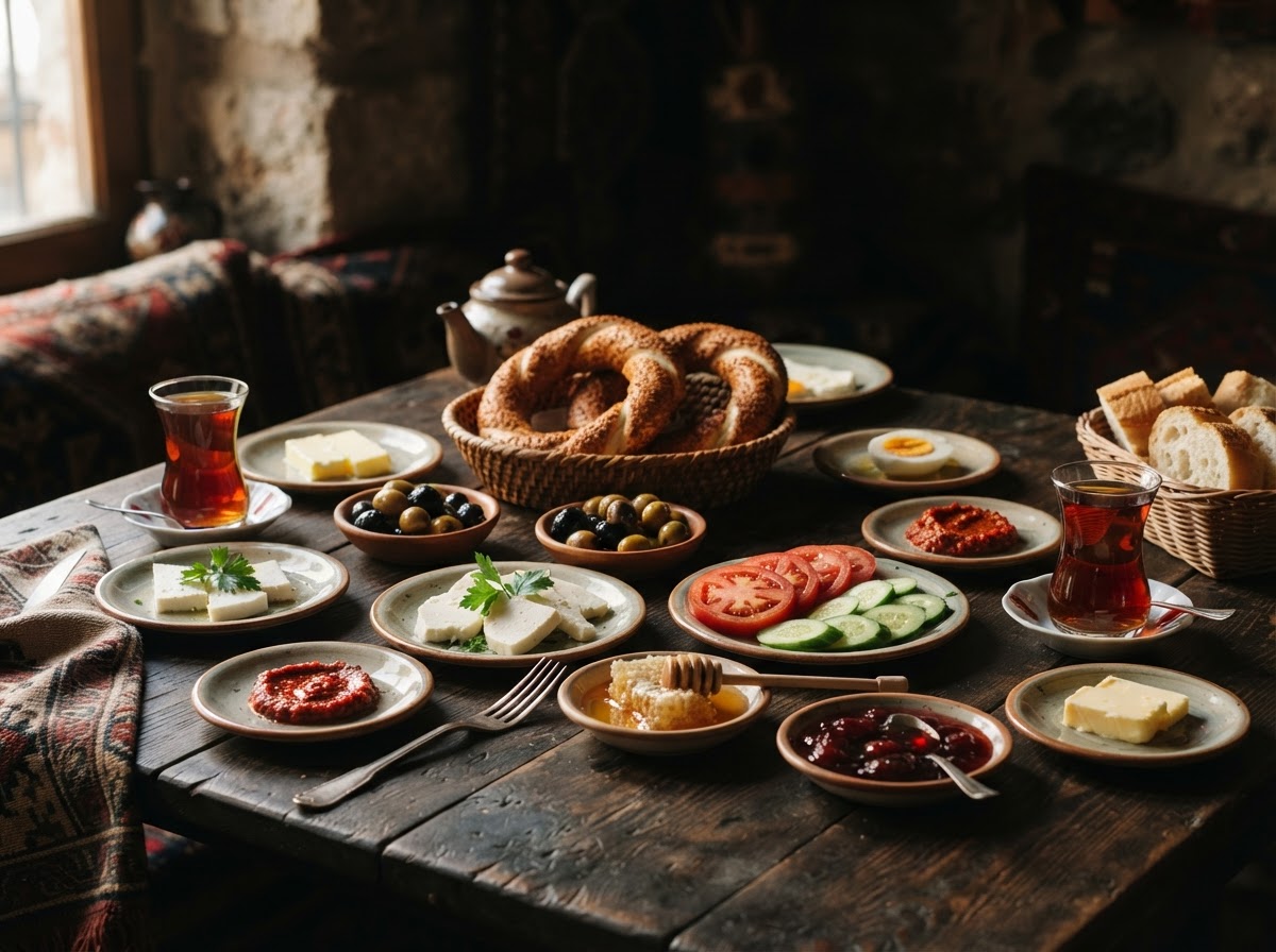 Traditional Turkish breakfast spread with tea in tulip glasses